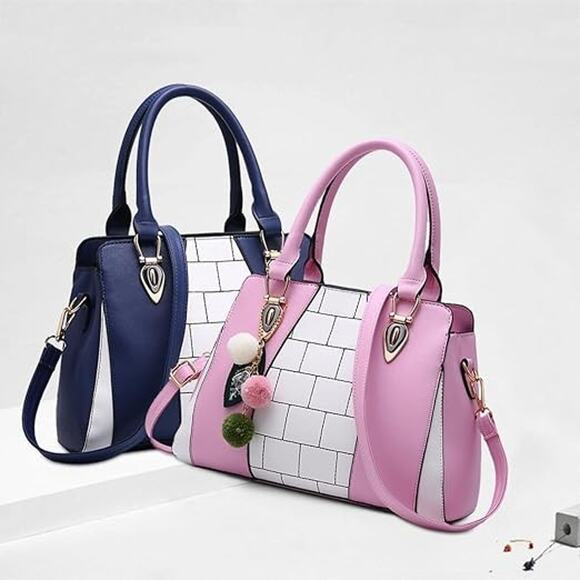 pink plaid fur ball pendant large capacity handbag - Picture 3 of 4